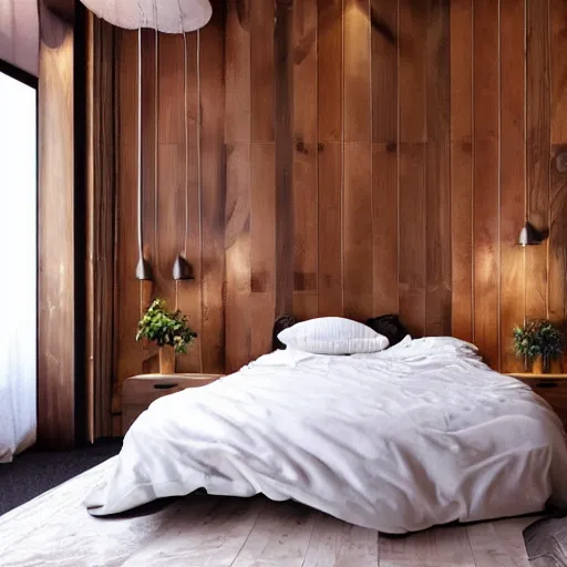 Image similar to Cozy bedroom aboard a flying ship twilight stars soft bed blankets wood paneling hyperrealism
