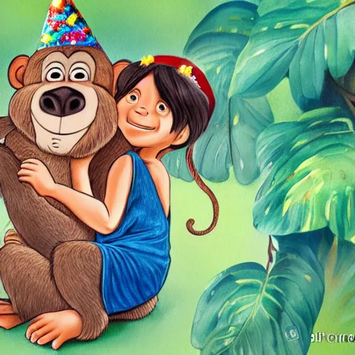 Image similar to realistic Mowgli hugging a monkey wearing a birthday hat, birthday, happy, hyper realistic, highly detailed