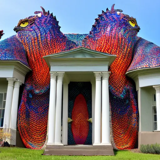 Image similar to The exterior of the house is covered in colorful scales, inspired by a dragon. The windows are large and oval-shaped, like a dragon's eyes. There are two big doors that resemble a dragon's mouth, flanked by two columns that look like horns. photo.