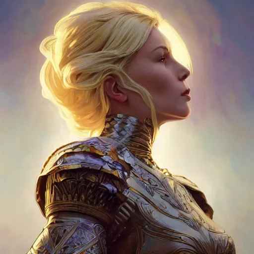 Prompt: A beautiful digital painting of a strong blonde woman, in a regal armor, queen, D&D, fantasy, intricate, cinematic lighting, highly detailed, digital painting, Artstation, concept art, smooth, sharp focus, illustration, art by Artgerm and Greg Rutkowski and Alphonse Mucha