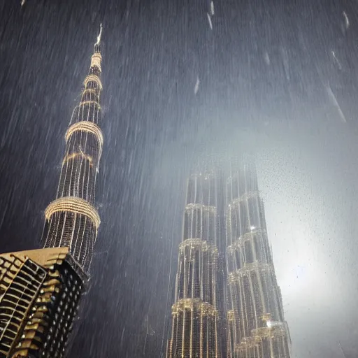 Prompt: a giant cookie floating above the burj khalifa while cookies rain down from the sky