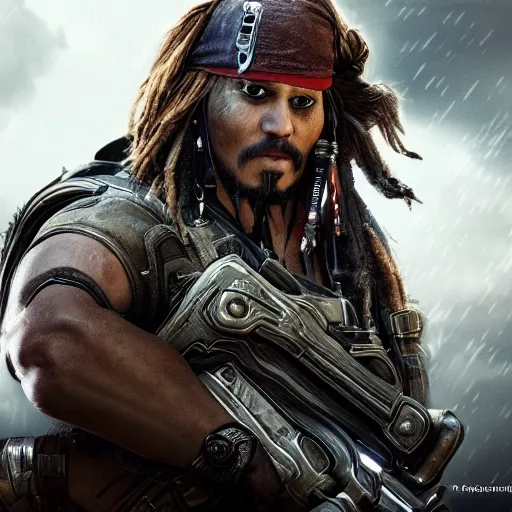 Prompt: ( ( ( ( captain jack sparrow ) ) ) ) in gears of war, splash art, movie still, cinematic lighting, dramatic, octane render, long lens, shallow depth of field, bokeh, anamorphic lens flare, 8 k, hyper detailed, 3 5 mm film grain