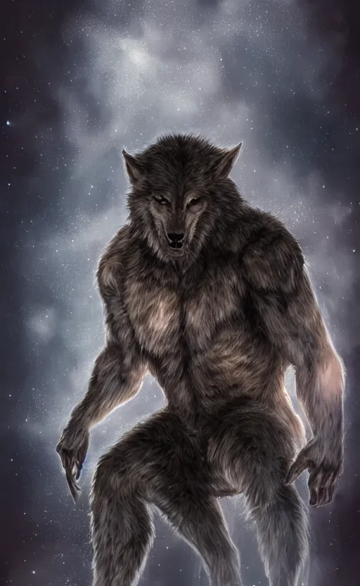 Image similar to Portrait of a rugged werewolf sitting down, male, muscular, space clothing!!!!!, highly detailed, cinematic lighting, digital art