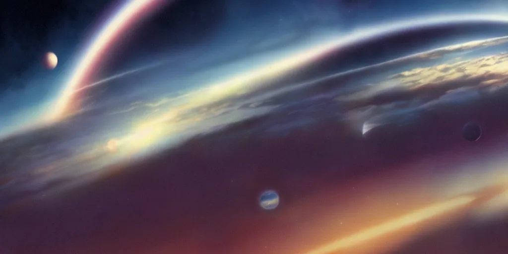 Image similar to blue dreamy cloudscape with a single planet in the clouds, ringed planet, daylight, cinematic lighting, cinematic perspective, syd mead, john harris, federico pelat,