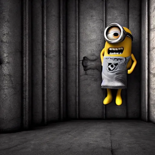 Prompt: a disfigured demented minion standing alone in a creepy room, scary, terror, horror, 3D render, blender render, octane render,