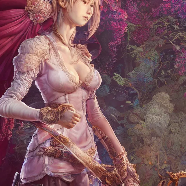 Image similar to the portrait of neutral good colorful female cleric bard as absurdly beautiful, gorgeous, elegant, skinny young gravure idol, an ultrafine hyperdetailed illustration by kim jung gi, irakli nadar, intricate linework, sharp focus, bright colors, octopath traveler, final fantasy, unreal engine 5 highly rendered, global illumination, radiant light, detailed and intricate environment