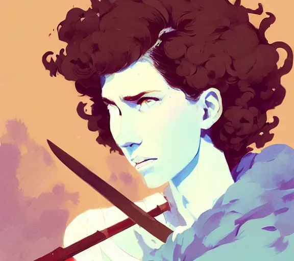 Image similar to portrait woman with short ginger curly hair with a sword, by atey ghailan, by greg rutkowski, by greg tocchini, by james gilleard, by joe fenton, by kaethe butcher, by ashley wood, dynamic lighting, gradient light blue, brown, blonde cream and white color scheme, grunge aesthetic