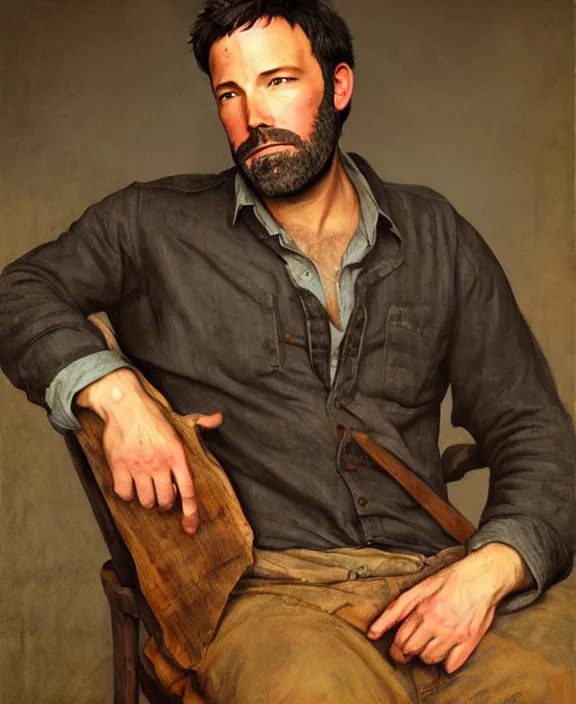 Prompt: portrait of ben affleck as an appalachian hillbilly, art by denys tsiperko and bogdan rezunenko and george caleb bingham, hyperrealism