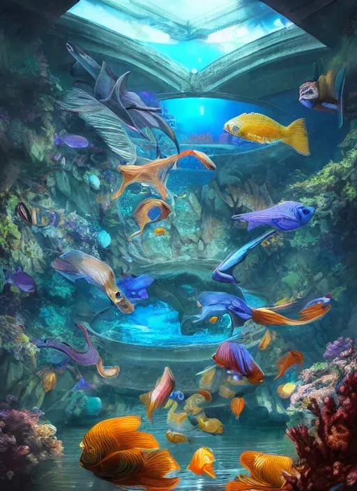 Image similar to people observing lots of beautiful fish in an underground aquarium corridor, in the style of artgerm, fantasy art, ray tracing, water droplets, highly detailed, artstation trend, highly detailed and intricate, sharp focus, photography, unreal engine 5