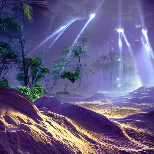 Prompt: rhythmic interval tectonic surfaces as resonant harmonic organic mystical megastructure crystal lattice pyramid architectures exploding with light and god rays in a hawaiian forest by albert bierstadt, by glen small, by giovanni battista piranesi, photorealistic, god rays, octane render, depth of field, volumetric light, volumetric fog