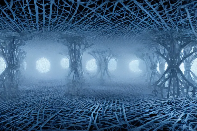 Prompt: a complex organic fractal 3 d ceramic skeleton megastructure, cinematic shot, foggy, 3 point lighting, photo still from movie by denis villeneuve