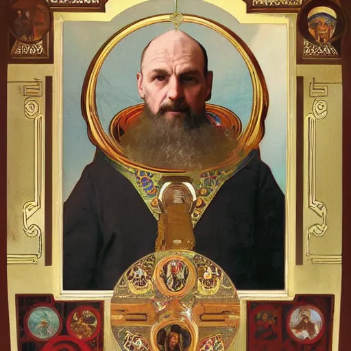 Image similar to painting of russian orthodox astronaut priest with gold visor by alphonse mucha, greg rutkowski, and bekzinski