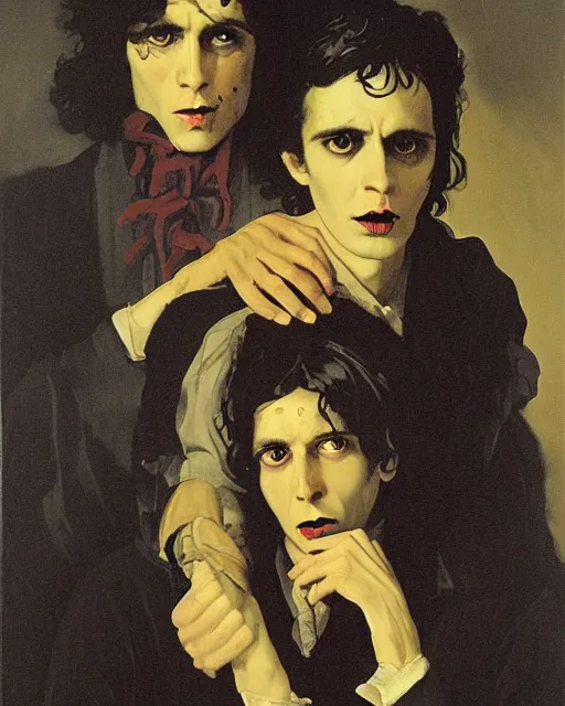Prompt: an eerie baroque painting of two beautiful but sinister men wearing oxford shirts in layers of fear, with haunted eyes and dark hair, 1 9 7 0 s, seventies, wallpaper, a little blood, moonlight showing injuries, delicate embellishments, painterly, offset printing technique, by brom, robert henri, walter popp