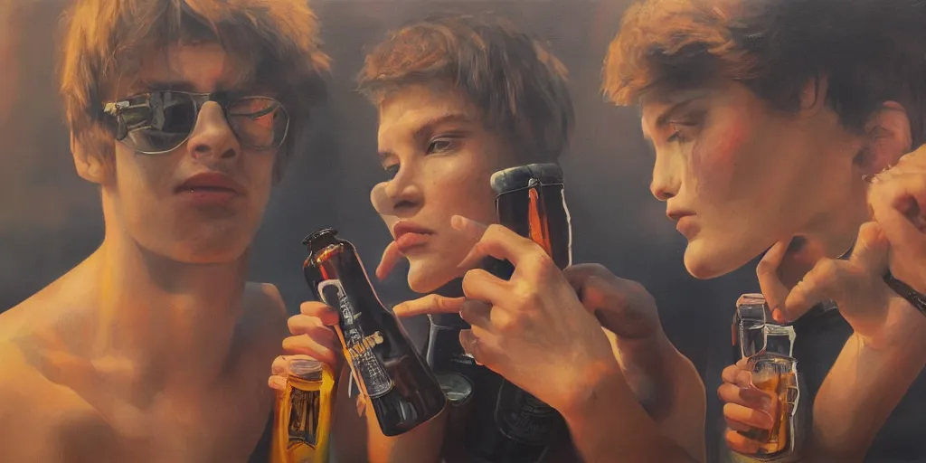 Image similar to beautiful oil matte portrait painting, 8 0 s punks sitting on the berlin wall drinking bottles of beer, boombox on the side, wonderful masterpiece highly detailed, beautiful cinematic light deep focus, elegant, digital painting, smooth, sharp focus, golden ratio, dramatic illumination, ultra realistic, 8 k, art by jimmy law