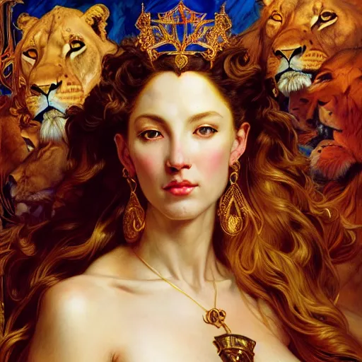 Prompt: highly detailed portrait of a majestic lioness queen in the form of a beautiful woman. d & d. art by eugene delacroix and donato giancola and alberto vargas and ruan jia and artgerm. trending on artstation, intricate details, energetic composition, golden ratio, concept art, illustration, elegant art, global illuminaition