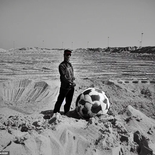 Prompt: in the distance, in the center of a large sandy quarry, a large golden ball lies in the sand, a broken excavator and a man in military uniform standing nearby, stylization is a grainy photo, high quality, depth of sharpness, emphasis and focus on the golden ball