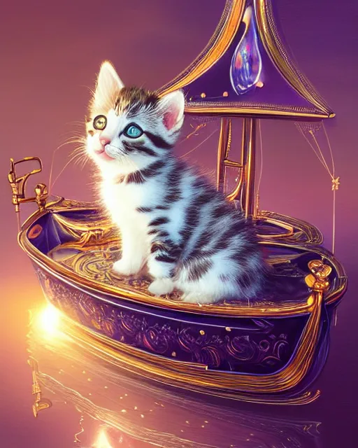 Image similar to cute kitten inside an ornate sail boat of iridescent liquid, alchemy, shiny plastic, intricate, bloom, detailed, volumetric lighting, sharp focus, photorealism, digital painting, highly detailed, concept art, by by artgerm and wlop