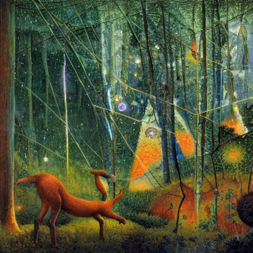 Image similar to psychedelic small cats hidden lush pine forest, outer space, milky way, designed by arnold bocklin, jules bastien - lepage, tarsila do amaral, wayne barlowe and gustave baumann, cheval michael, trending on artstation, star, sharp focus, colorful refracted sparkles and lines, soft light, 8 k 4 k