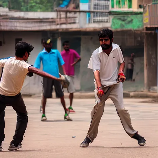 Image similar to a man playing street cricket with friends in indian, with the wickets visible, extremely detailed, high human appeal, real life image, national geographic award winning image, taken from dslr
