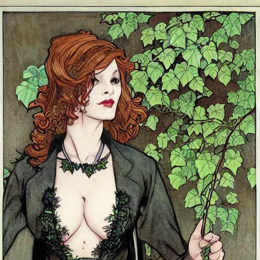 Image similar to a beautiful painting of poison ivy as a lawyer dressed in a three piece suit arguing a case in a court, dark eyeliner, intricate, elegant, highly detailed, digital painting, artstation, concept art, matte, sharp focus, illustration, art by rebecca guay and by arthur rackham and by alphonse mucha and by john william waterhouse