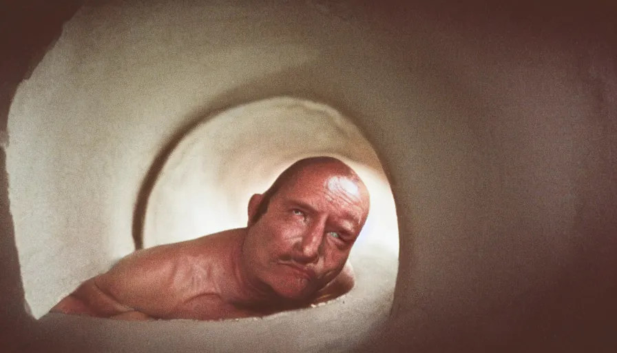Prompt: 7 0 s movie still of a melting man in a tiny tunnel, cinestill 8 0 0 t 3 5 mm technicolor, heavy grain, high quality, high detail