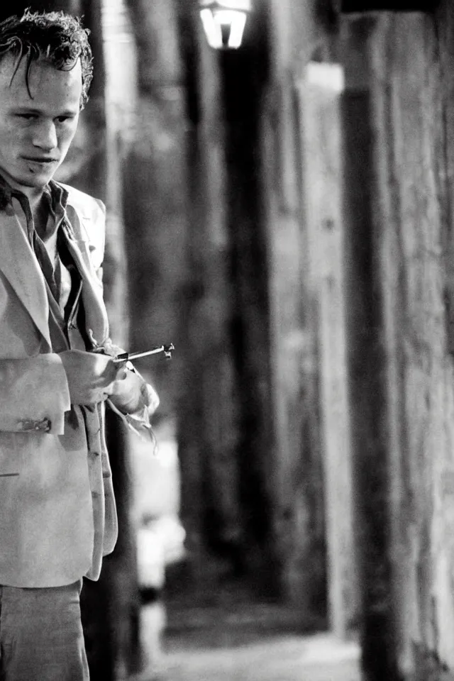 Prompt: Heath Ledger smoking a cigarette back alley of prom, well lit, masterpiece photography, high quality, visual, sharp, backlit, gorgeous lighting