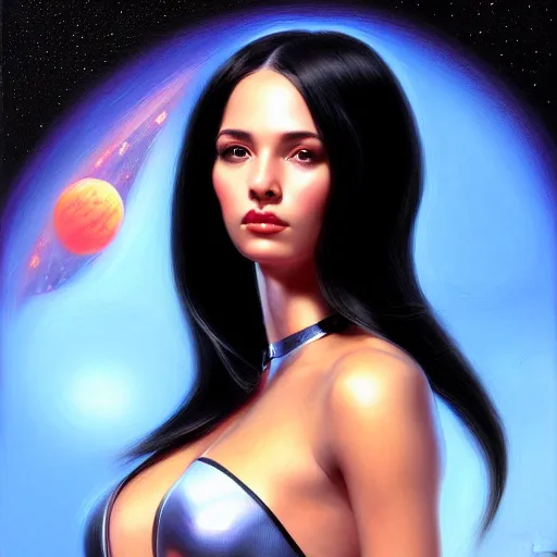 Image similar to a portrait of a very beautiful woman in a spacesuit, Alexandria\'s genesis, shoulder-length black hair, bored, illustration, soft lighting, soft details, painting oil on canvas by mark arian by artgerm, trending on artstation, 4k, 8k, HD