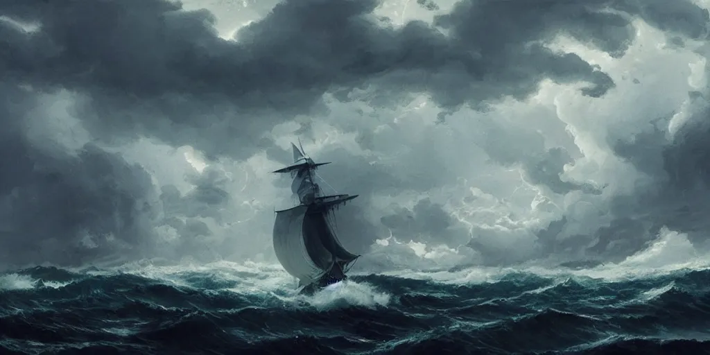 Image similar to A chinese sailing boat struggles through stormy seas, an intense storm blacks out the sky, lit by lightning, Greg Rutkowski and Studio Ghibli