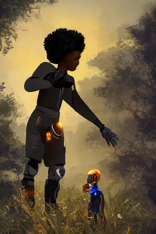 Image similar to a black kid playing with a futuristic robot in the nature, mixing solarpunk, afropunk, cyberpunk, ( ( ( ( volumetric light ) ) ) ), high angle, part by pearl fryar, part by prince damah, sunny day, trending on artstation, cinematic view, illustration, painting.