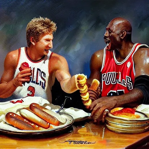 Prompt: portrait of larry bird and michael jordan sharing hotdogs, an oil painting by ross tran and thomas kincade w 7 6 8