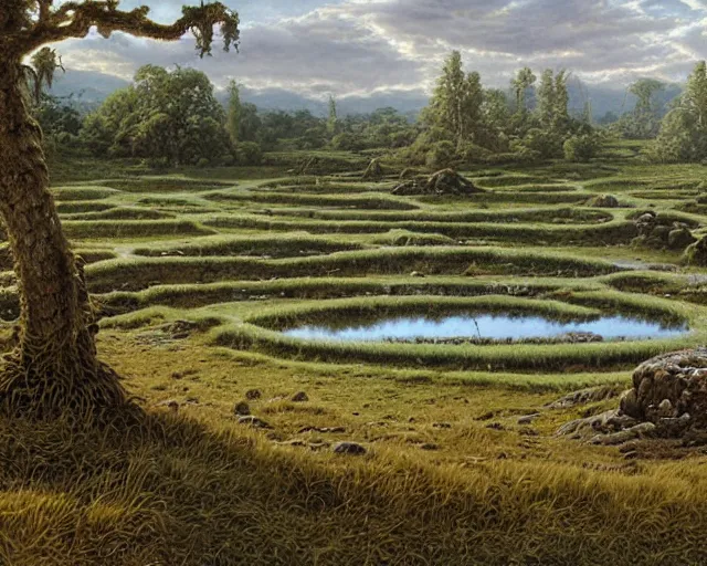 Image similar to a swampy hill landscape with a circle of finger shaped stones, by ted nasmith