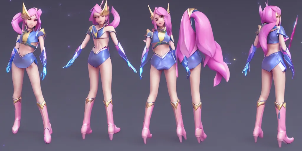 Prompt: character sheet of Star Guardian Caitlyn (League of legends). 3d render, trending on artstation, unreal engine 5, 8k resolution