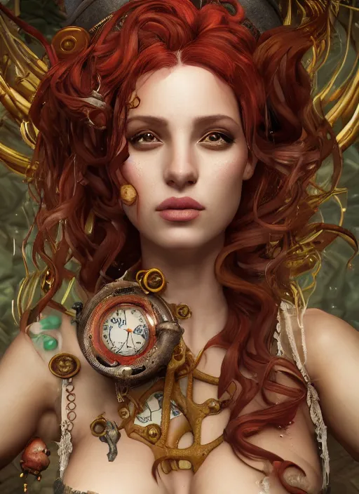 Image similar to underwater steampunk portrait of arianna grande, red hair, octopus, hyper detailed, digital art, cinematic lighting, studio quality, smooth render, unreal engine 5, octane rendered, art style by klimt and nixeu and ian sprigger and wlop and krenz cushart.