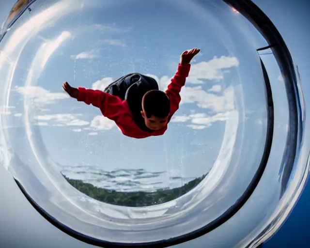 Image similar to boy floating gently down from the sky in a plastic wrapped bubble. aerial footage.