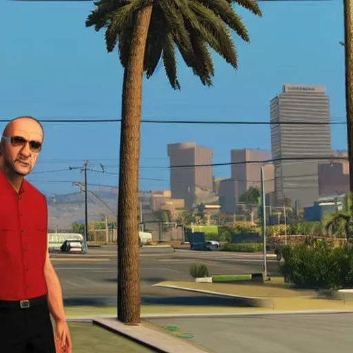 Prompt: Michael Ehrmantraut from Better call Saul in GTA V . Los Santos in the background, palm trees. In the art style of Stephen Bliss.