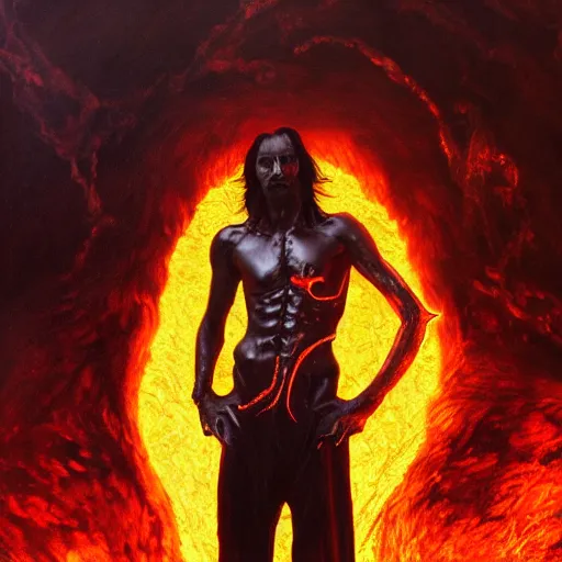 Prompt: Full body photo of asmodeus, he has eyes of fire, he is looking straight to the camera, he has a glow coming from him, she is getting illuminated by lava, behind is an ancient hellscape, the photo was taking by Annie Leibovitz, matte painting, oil painting, naturalism, 4k, 8k