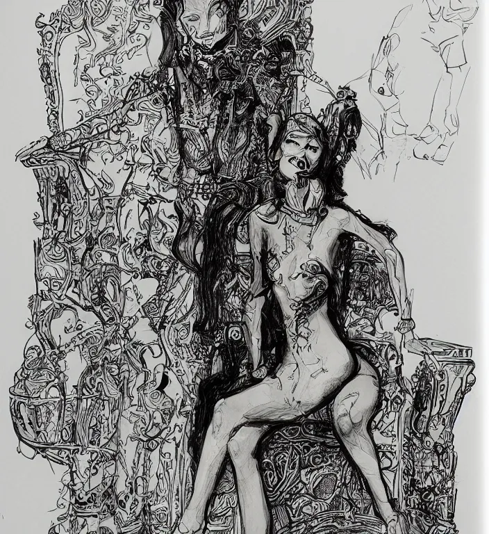 Image similar to salome full figure sitting on throne sketchbook ink drawing by james jean very detailed high contrast