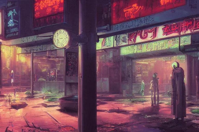 Image similar to Oil painting of a cyberpunk funeral home, 4k, art by Hans Rudolf Geiger and Shirow Masamune, still from anime Serial Experiments Lain, sad atmosphere, moody neon lighting, lots of cigarette smoke