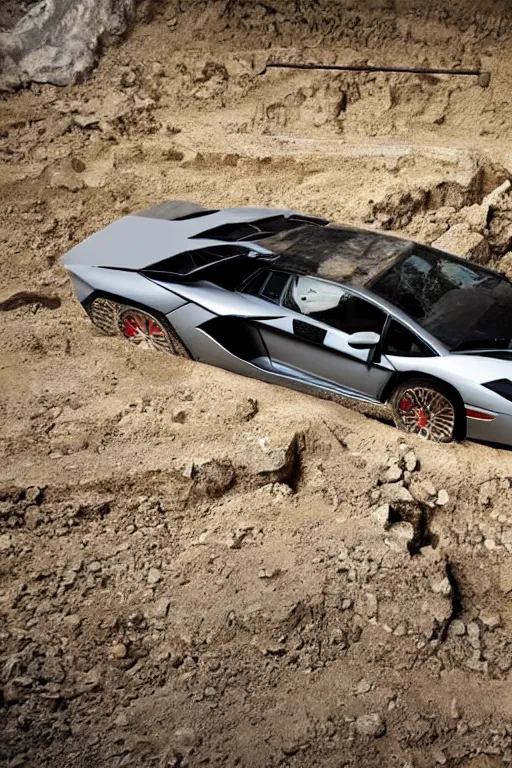 Prompt: Fossilized Lamborghini Aventador found in ancient archeological dig, national geographic photo.