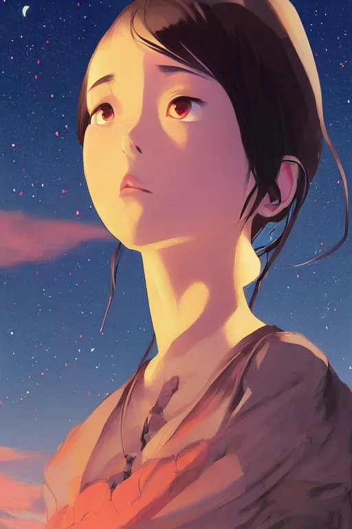 Image similar to a girl looking up at the night sky in awe, full shot, fine - face, realistic shaded perfect body, fine details. night setting. very anime style. realistic shaded lighting poster by ilya kuvshinov katsuhiro, magali villeneuve, artgerm, jeremy lipkin and michael garmash, rob rey and kentaro miura style, trending on art station