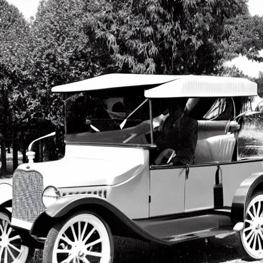 Image similar to a quokka, driving a model t ford, black and white photograph