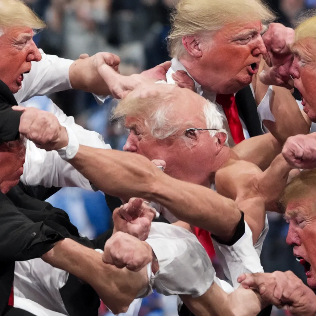 Prompt: Angry Bernie Sanders punching Donald Trump in the face, HD 4K photorealistic