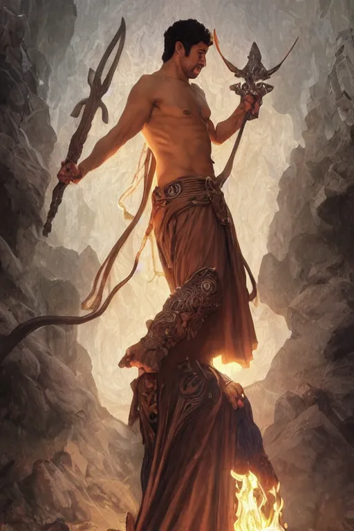 Image similar to Adam Rodriguez, druid, cleric, flame spell, burning hands, bicpes, muscular, D&D, fantasy, intricate, cinematic lighting, highly detailed, beautiful, digital painting, artstation, masterpiece, concept art, smooth, sharp focus, illustration, art by Artgerm and Greg Rutkowski and Alphonse Mucha and william-Adolphe Bouguereau