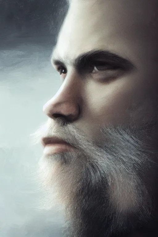 Image similar to blonde wild hair beard man, black eye - patch, close - up portrait, plain white tshirt, powerfull, intricate, elegant, volumetric lighting, scenery, digital painting, highly detailed, artstation, sharp focus, illustration, concept art, ruan jia, steve mccurry