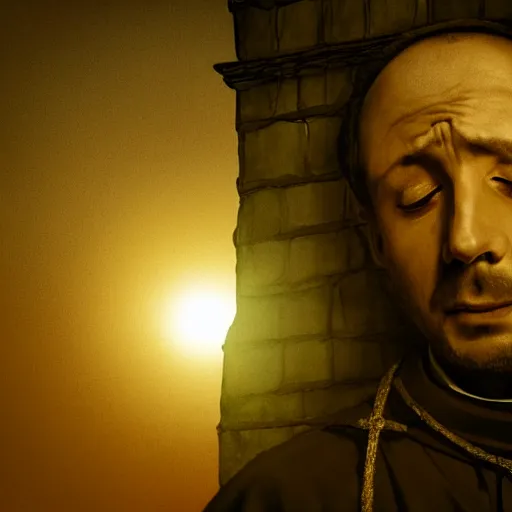 Prompt: Close-up of a terrified catholic priest in his thirties on the roof of a medieval tower watching in fear as an ominous yellow shadow descends upon him from the night sky. He is fervently praying but his eyes are wide open with fear. Low angle angle, dramatic lighting. Award-winning digital art, trending on ArtStation