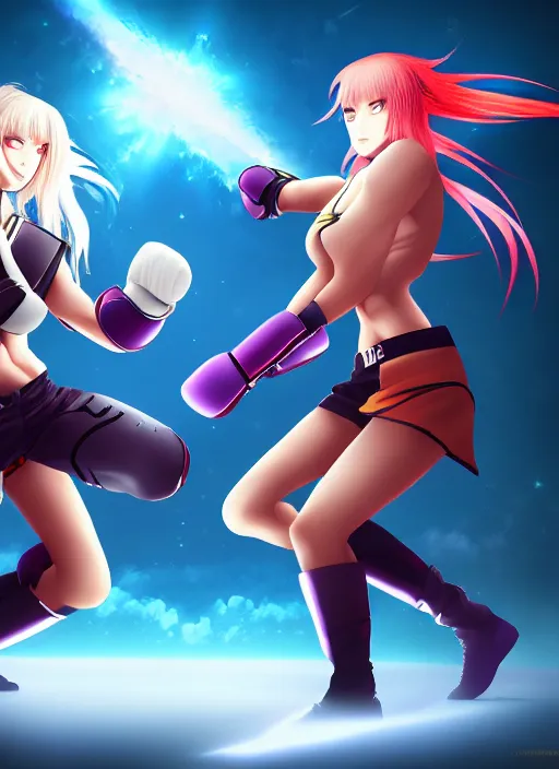 Image similar to two beautiful identical female fighters facing each other, dim lighting, gorgeous features, high resolution, detailed digital anime art