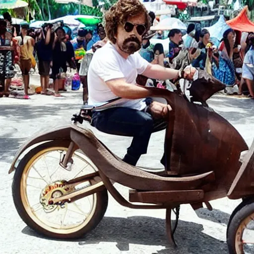 Prompt: Peter Dinklage riding a carabou in the Philippines