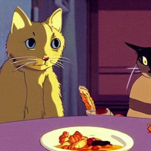 Prompt: a cat eating a thai breakfast appears in Spirited Away