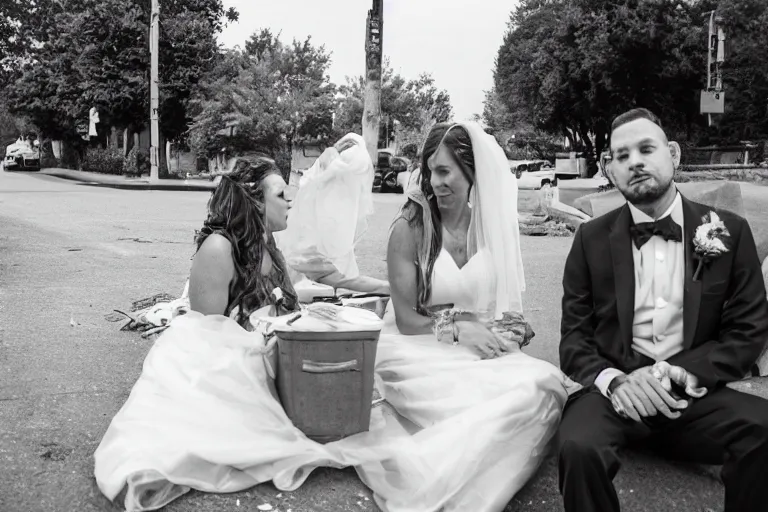 Prompt: wedding photography, two homeless people are getting married, homeless guests, professional photo