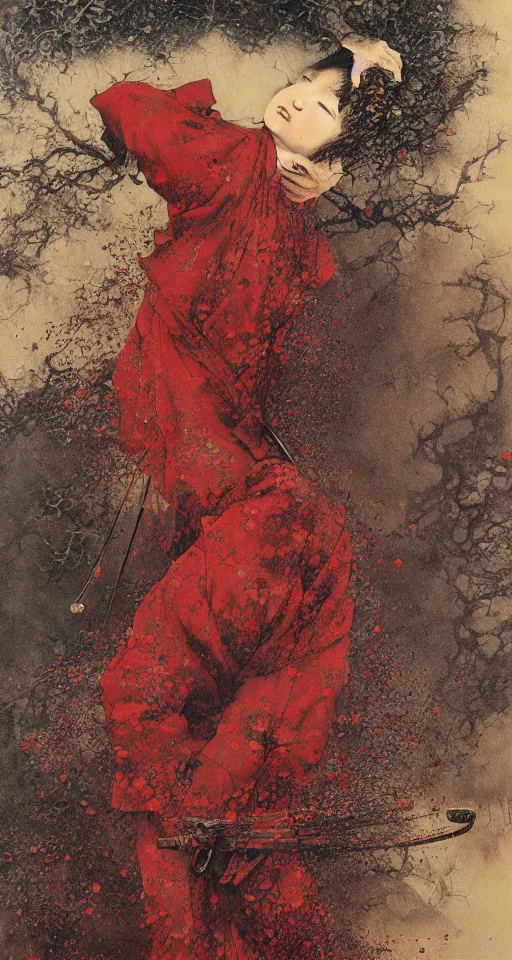 Image similar to japanese schoolgirl runs away from samurai with a katana on the subway, high detailed beksinski painting, part by adrian ghenie and gerhard richter. art by takato yamamoto. masterpiece, deep colours, red